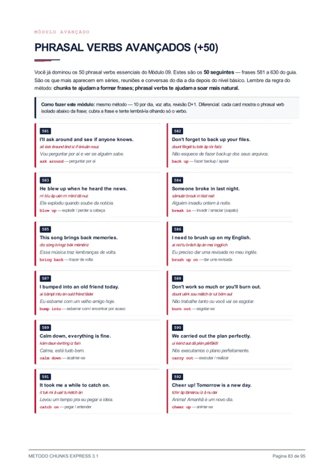 Página de phrasal verbs com exemplos, pronúncia e tradução