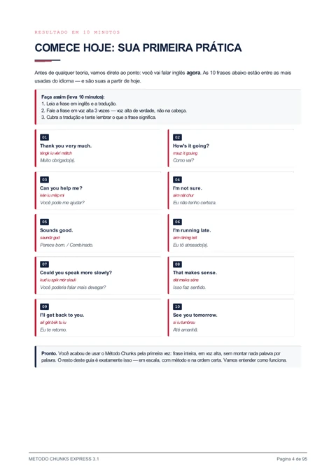 Página de primeira prática, com frases em inglês, pronúncia e tradução